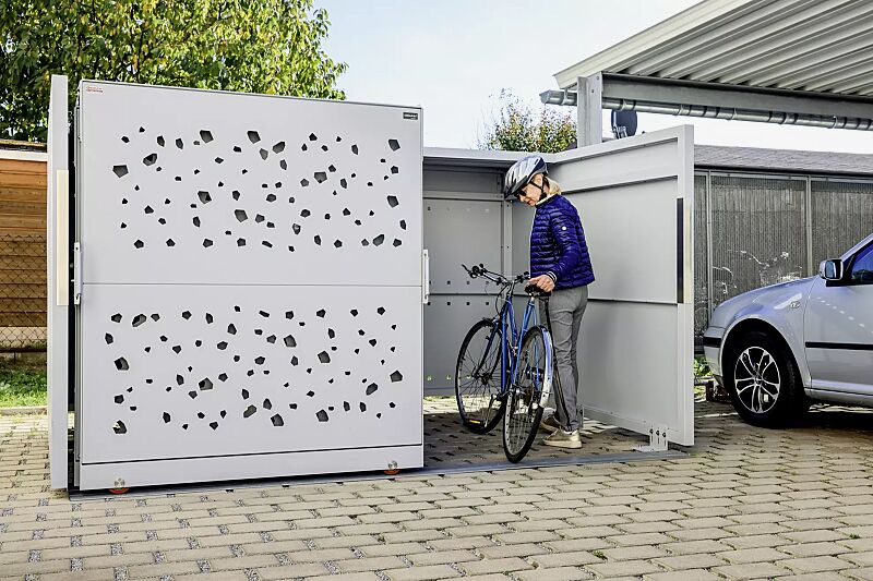 fahrradgarage-styleout-bike__shoKAT0069809 Fahrradgarage STYLEOUT® BIKE TOMO, Rück-, Seitenwände und Schiebetüren in RAL 9006 weißaluminium, Dach Aluminium eloxiert