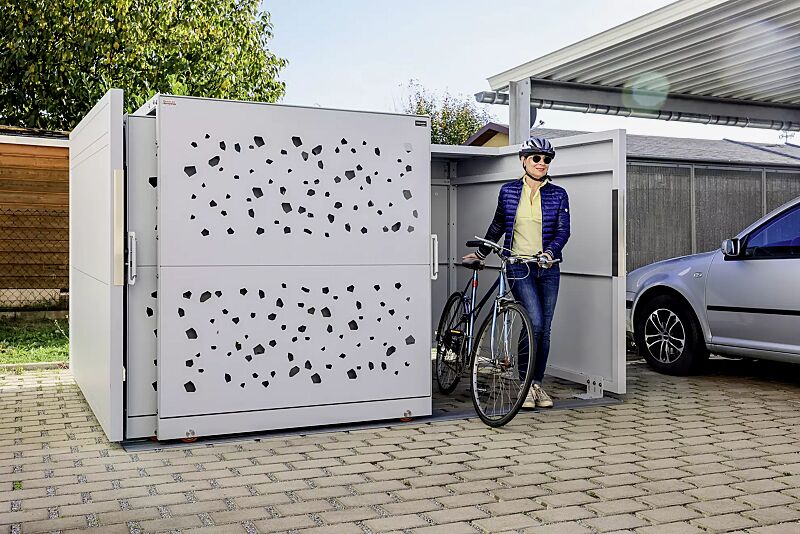 fahrradgarage-styleout-bike__shoKAT0069813 Fahrradgarage STYLEOUT® BIKE TOMO, Rück-, Seitenwände und Schiebetüren in RAL 9006 weißaluminium, Dach Aluminium eloxiert