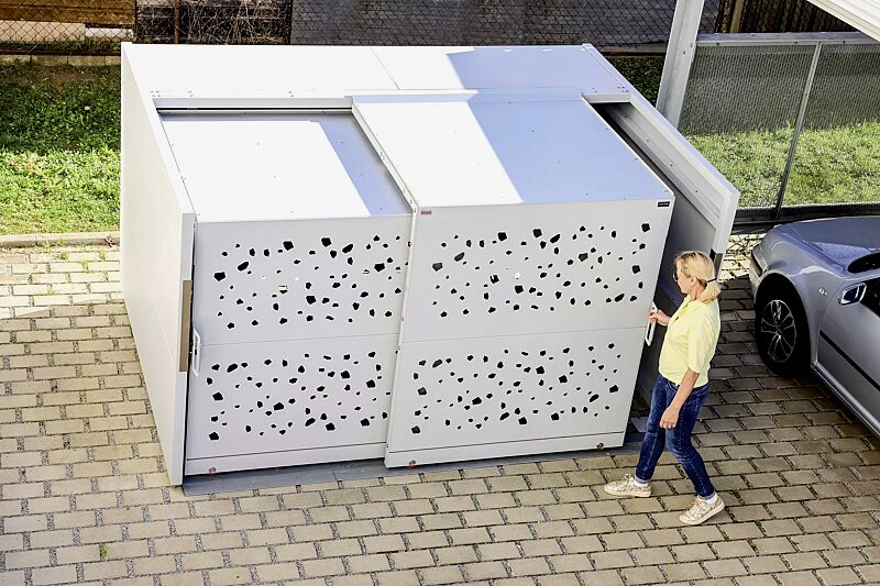 fahrradgarage-styleout-bike__shoKAT0069818 Fahrradgarage STYLEOUT® BIKE TOMO, Rück-, Seitenwände und Schiebetüren in RAL 9006 weißaluminium, Dach Aluminium eloxiert