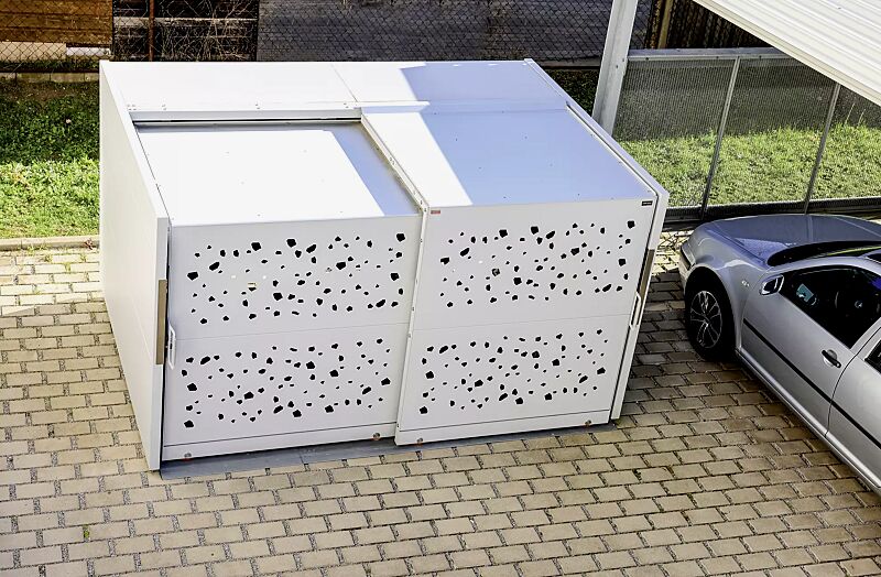 fahrradgarage-styleout-bike__shoKAT0069819 Fahrradgarage STYLEOUT® BIKE TOMO, Rück-, Seitenwände und Schiebetüren in RAL 9006 weißaluminium, Dach Aluminium eloxiert