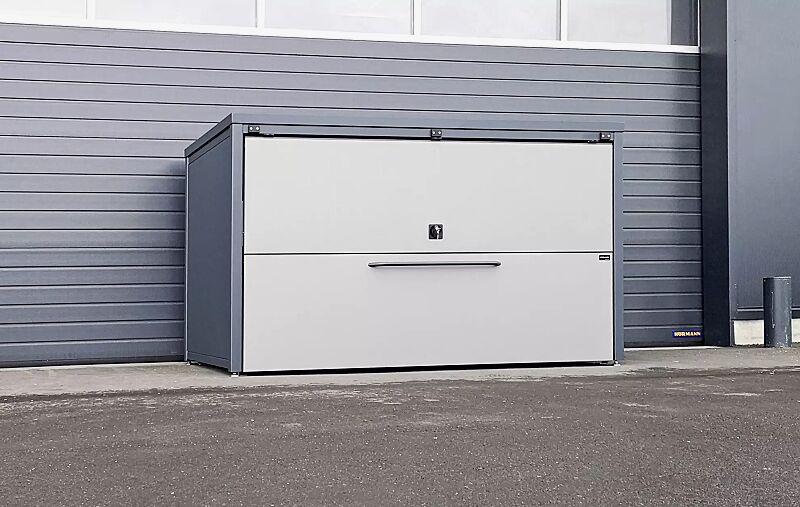 Fahrradgarage STYLEOUT® GARAGE, Stahlkonstruktion in RAL 7016 anthrazitgrau, Öffnungsklappe in RAL 9007 graualuminium