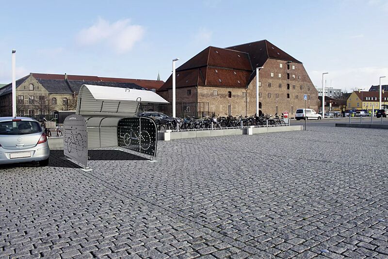 fahrradgarage-velo-boxx-professional__shoKAT0055995 Fahrradgarage VELO-BOXX®-Professional mit Klappflügeltür aus Wellblech in RAL 9002 grauweiß, Seitenwände in RAL 7016 anthrazitgrau (auftragsbezogene Pulverbeschichtung)