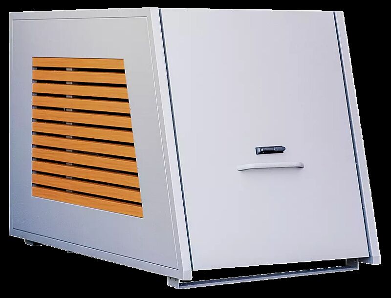 Fahrradgarage STYLEOUT® BIKEBOX LINIS, Seitenwände mit Lamellen in Holzdekor Douglasie, Aluminiumkonstruktion in RAL 9006 weißaluminium