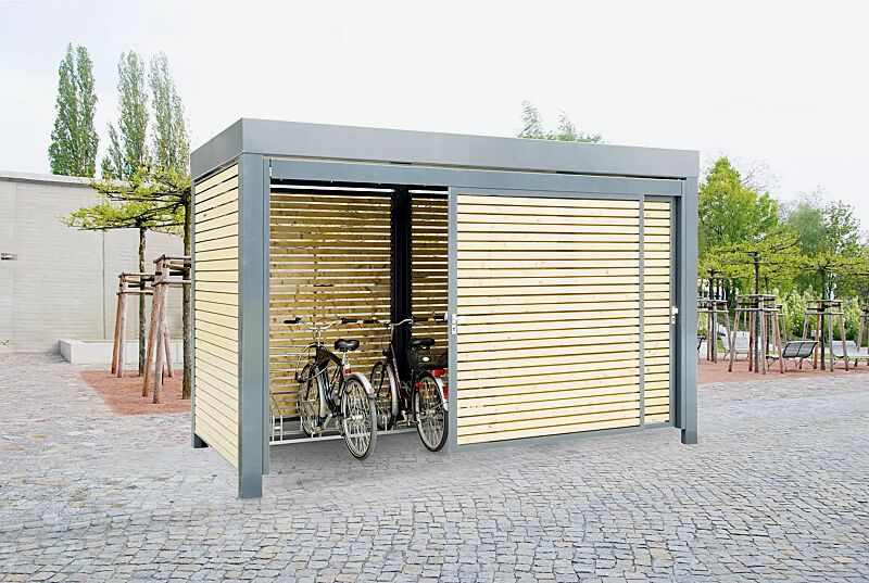 Fahrradhaus MULTIPORT®, Dachbreite x Dachtiefe 4030 mm x 2580 mm, mit Wänden und Schiebetür, einteilig, aus waagerechter Holzbelattung, Stahlkonstruktion in RAL 7016 anthrazitgrau