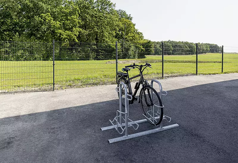Fahrradparker ZIROS, doppelseitig 90°, tief / tief, Radabstand 600 mm, zum Aufdübeln bei +/- 0 mm, feuerverzinkt