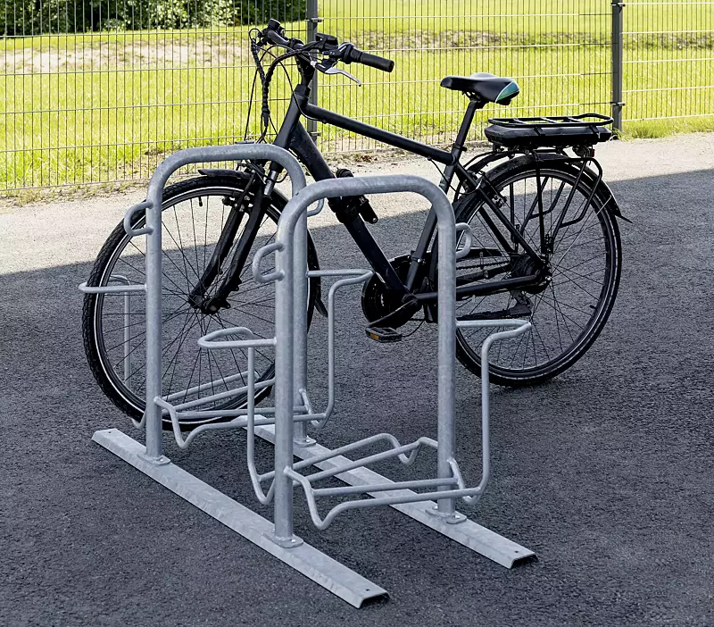 Fahrradparker ZIROS, doppelseitig 90°, tief / tief, Radabstand 600 mm, zum Aufdübeln bei +/- 0 mm, feuerverzinkt