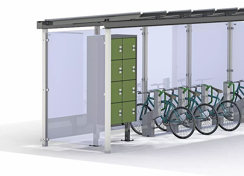 fahrradparksystem-bikeep__shoKAT0061067 Fahrradparksystem BIKEEP, Reihenaufstellung, mit kundenspezifischer RFID-Zugangsberechtigung, integriert in Fahrradüberdachung PEGASUS, mit Schließfachanlage SECURE