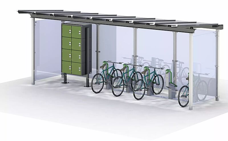 fahrradparksystem-bikeep__shoKAT0061068 Fahrradparksystem BIKEEP, Reihenaufstellung, mit kundenspezifischer RFID-Zugangsberechtigung, integriert in Fahrradüberdachung PEGASUS, mit Schließfachanlage SECURE