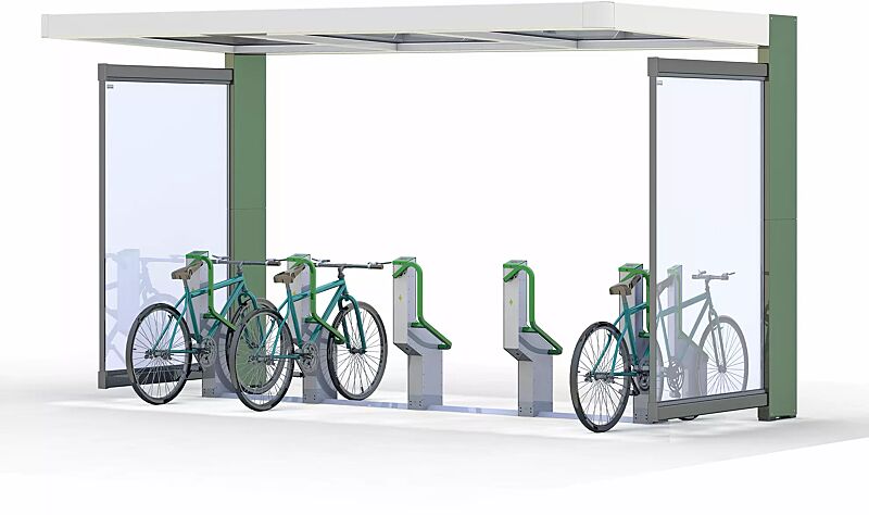 fahrradparksystem-bikeep__shoKAT0061070 Fahrradparksystem BIKEEP, Reihenaufstellung, mit kundenspezifischer RFID-Zugangsberechtigung, integriert in Fahrradüberdachung PURE