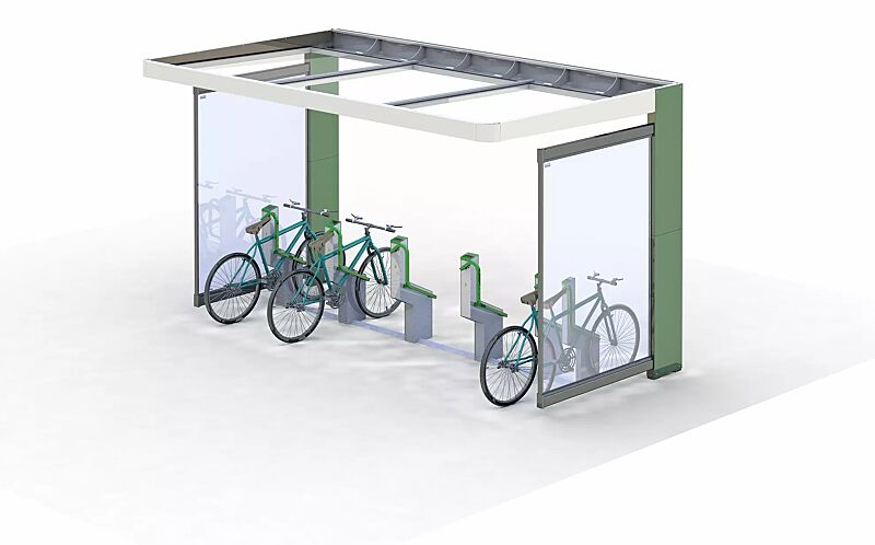 fahrradparksystem-bikeep__shoKAT0061072 Fahrradparksystem BIKEEP, Reihenaufstellung, mit kundenspezifischer RFID-Zugangsberechtigung, integriert in Fahrradüberdachung PURE