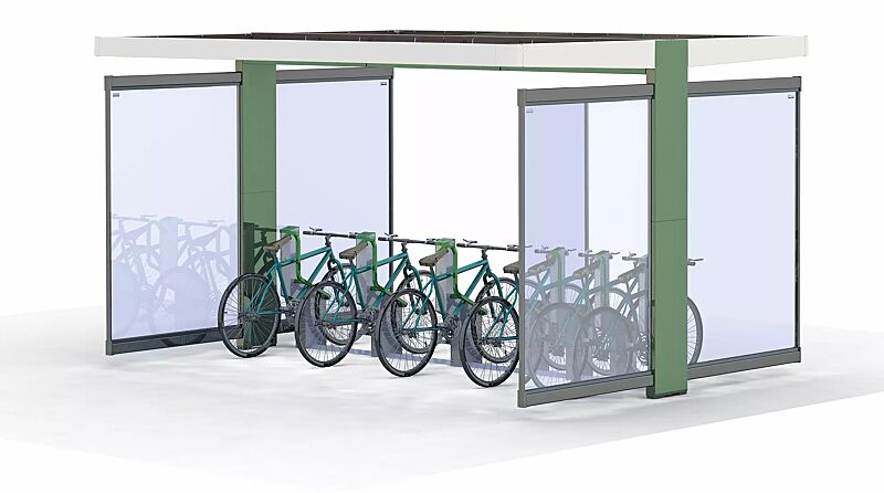 fahrradparksystem-bikeep__shoKAT0061075 Fahrradparksystem BIKEEP, Reihenaufstellung, mit kundenspezifischer RFID-Zugangsberechtigung, integriert in Fahrradüberdachung PURE