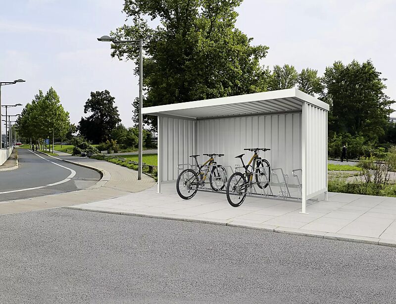 Fahrradüberdachung ARIES, einseitig, Dachbreite x Dachtiefe 4390 mm x 2200 mm, mit Rück- und Seitenwänden, mit Fahrradständer MODESTA, Stahlkonstruktion in RAL 9002 grauweiß