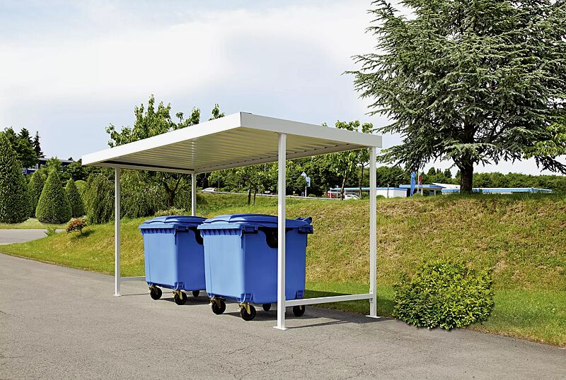 Wertstoffüberdachung ARIES, einseitig, Dachbreite x Dachtiefe 4390 mm x 4400 mm, Stahlkonstruktion in RAL 9002 grauweiß
