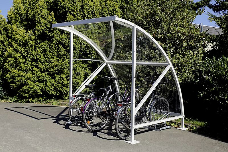 fahrradueberdachung-cepheus__shoKAT0053975 Fahrradüberdachung CEPHEUS, Dachbreite x Dachtiefe 2090 mm x 2100 mm, Dach und Seitenwand aus Polycarbonat, Fahrradständer UNIVERSAL, Stahlkonstruktion feuerverzinkt und pulverbeschichtet in RAL 9002 grauweiß