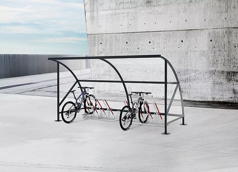 fahrradueberdachung-cepheus__shoKAT0060766 Fahrradüberdachung CEPHEUS, Dachbreite x Dachtiefe 4310 mm x 2100 mm, Dach und Seitenwände aus Polycarbonat, Fahrradständer NEW YORK, Stahlkonstruktion in RAL 7016 anthrazitgrau