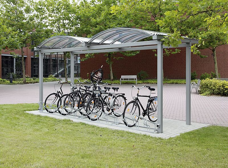 Fahrradüberdachung KALLISTO, Dachbreite x Dachtiefe 5120 mm x 2250 mm, ohne Rück- / Seitenwände, mit Fahrradständer UNIVERSAL, Stahlkonstruktion in RAL 9007 graualuminium