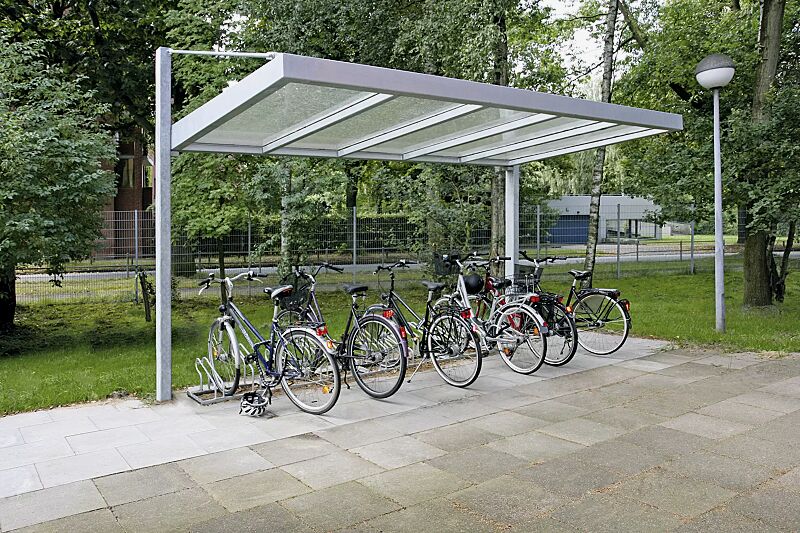 Fahrradüberdachung LIPTO mit Pultdach, Dacheindeckung VSG, Klarglas, Stahlkonstruktion feuerverzinkt