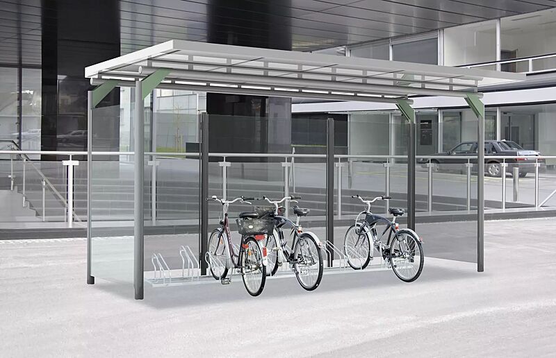 fahrradueberdachung-matrix__shoKAT0017401 Fahrradüberdachung MATRIX, Dachbreite x Dachtiefe 5090 mm x 2750 mm, Rück- / Seitenwände ESG, Klarglas, Stützenköpfe farblich abgesetzt in RAL 6018 gelbgrün, Fahrradständer UNIVERSAL, Stahlkonstruktion in RAL 9006 weißaluminium