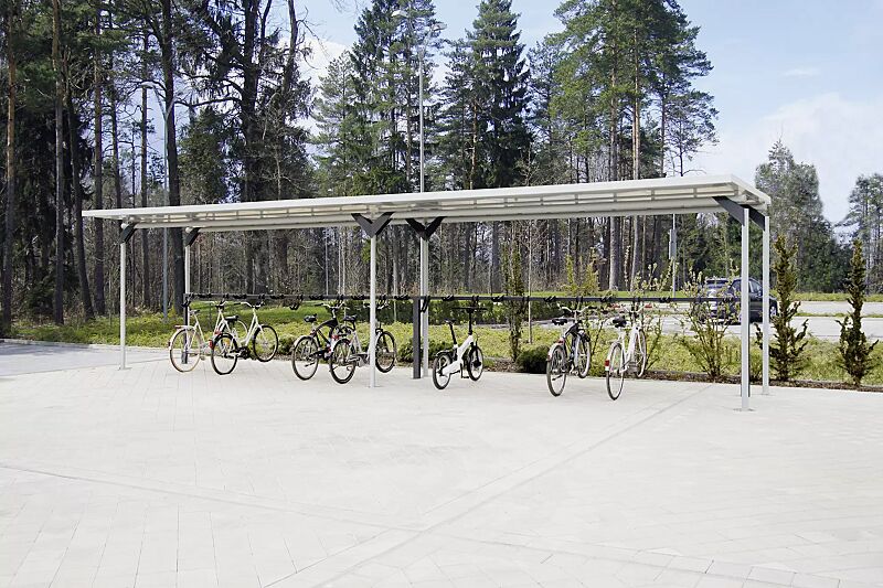 fahrradueberdachung-matrix__shoKAT0022099 Fahrradüberdachung MATRIX, Dachbreite x Dachtiefe 10090 mm x 2750 mm, mit Lenkerhaltesystem UNIT, Stützenköpfe farblich abgesetzt in RAL 7016 anthrazitgrau, Stahlkonstruktion feuerverzinkt