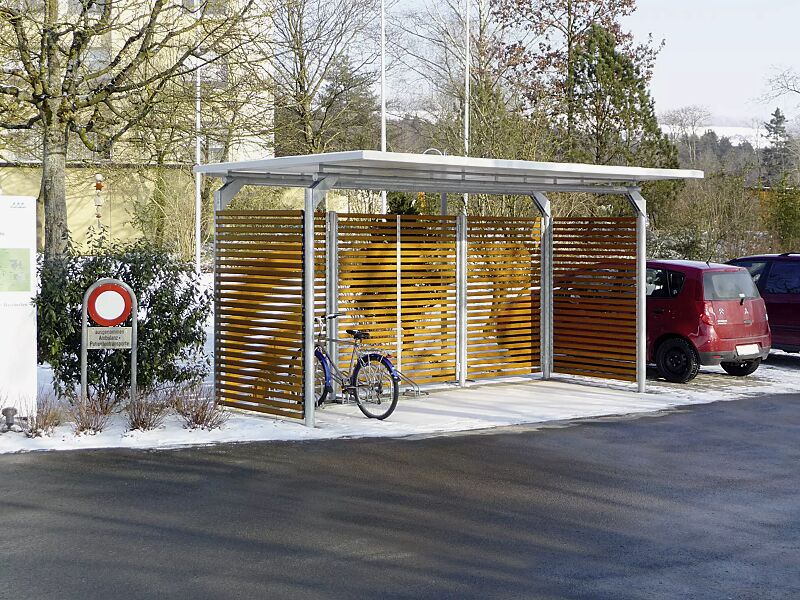 fahrradueberdachung-matrix__shoKAT0025137 Fahrradüberdachung MATRIX, Dachbreite x Dachtiefe 5090 mm x 2750 mm, Rück- / Seitenwände Holzbelattung Fichte, Fahrradständer UNIVERSAL, Stahlkonstruktion feuerverzinkt
