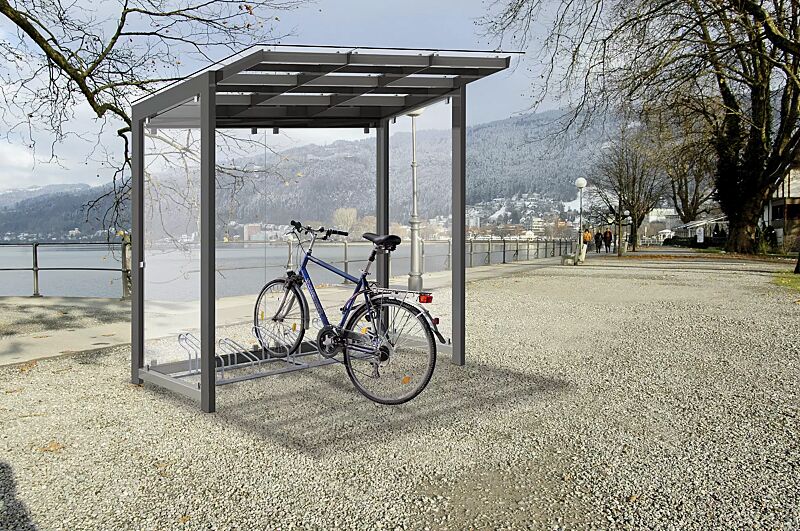 Fahrradüberdachung PICTOR, Dachbreite x Dachtiefe 2400 mm x 2250 mm, mit Rück- / Seitenwänden