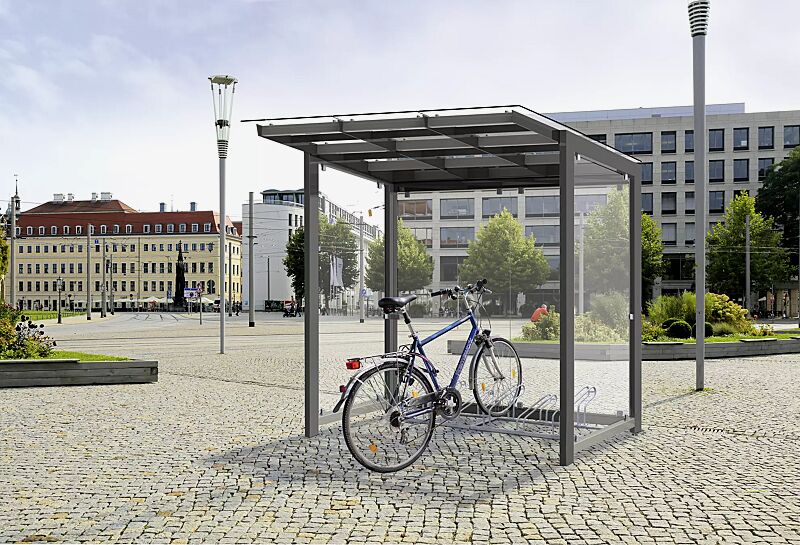 Fahrradüberdachung PICTOR, Dachbreite x Dachtiefe 2400 mm x 2250 mm, Stahlkonstruktion feuerverzinkt und pulverbeschichtet inkl. Rück- / Seitenwände ESG, Klarglas, Dacheindeckung VSG, Klarglas