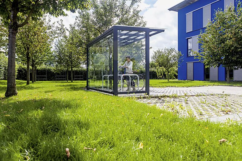 Fahrradüberdachung PICTOR, Dachbreite x Dachtiefe 3500 mm x 2250 mm, Rück- / Seitenwände ESG, Klarglas, Anlehnbügel FLORIDA, Stahlkonstruktion in RAL 7016 anthrazitgrau
