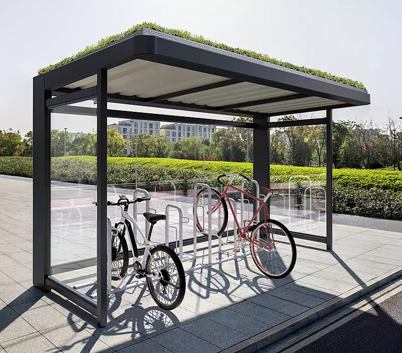 Fahrradüberdachung PURE GREEN, Dachbreite x Dachtiefe 4000 mm x 2250 mm, Stahlkonstruktion in RAL 7016 anthrazitgrau, Rück-und Seitenwände ESG, Klarglas, Fahrradparker ZIROS