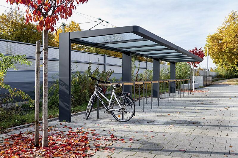 fahrradueberdachung-pure__shoKAT0065753 Fahrradüberdachung PURE mit Pultdach, auftragsbezogene Anpassung Dachbreite x Dachtiefe 12000 mm x 2250 mm, bauseitige Fahrradabstellanlagen, Stahlkonstruktion in RAL 7016 anthrazitgrau