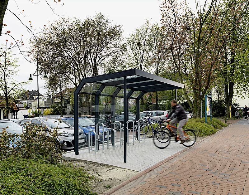 Fahrradüberdachung SATURN, Dachbreite x Dachtiefe 4060 mm x 2300 mm, mit Rück- und Seitenwänden aus ESG, Klarglas, mit Fahrradparker MISSOURI, Stahlkonstruktion in RAL 7016 anthrazitgrau