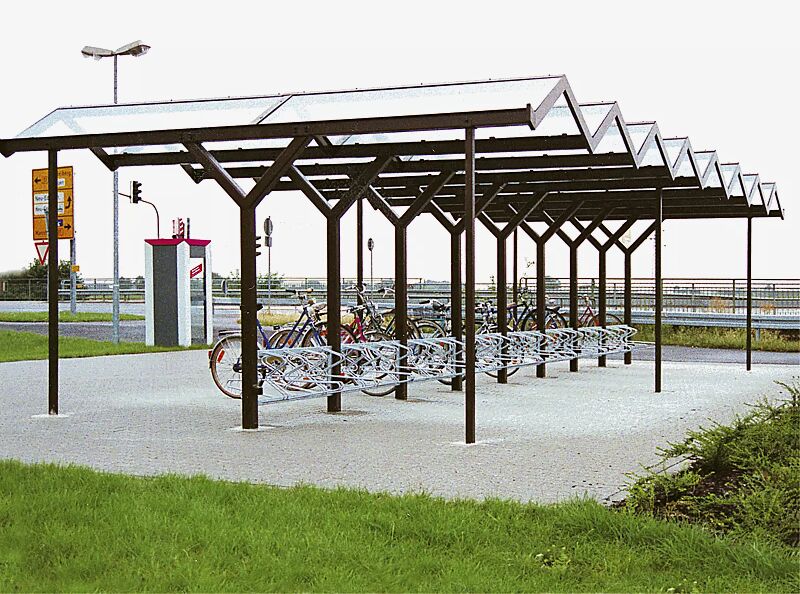 Fahrradüberdachung TANGENTA, doppelseitig, Dachbreite x Dachtiefe 12200 mm x 5000 mm, mit Fahrradständer MADISON, Stahlkonstruktion in RAL 8016 mahagonibraun