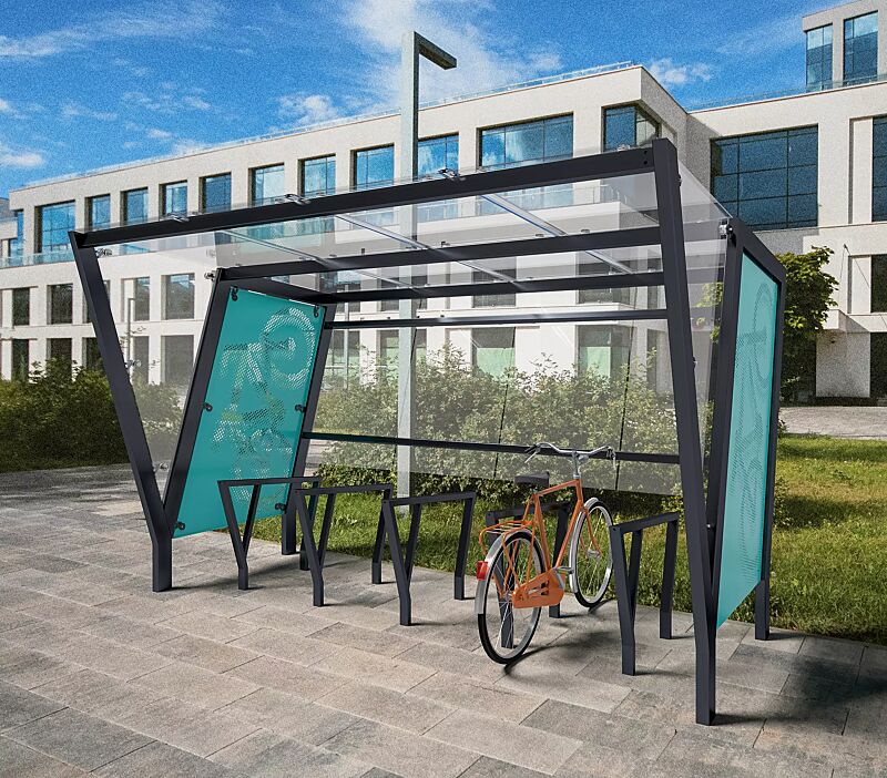 Fahrradüberdachung TAURI mit Pultdach, Dachbreite x Dachtiefe 3940 mm x 2500 mm, Rückwand ESG, Klarglas, Seitenwand Stahlblech perforiert und ESG, Klarglas, Dacheindeckung VSG, Klarglas, Fahrradanlehnbügel TAURI, Stahlkonstruktion in RAL 7016 anthrazit...