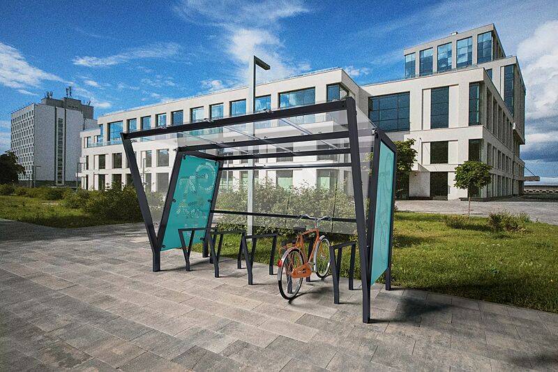 Fahrradüberdachung TAURI mit Pultdach, Dachbreite x Dachtiefe 3940 mm x 2500 mm, Rückwand ESG, Klarglas, Seitenwand Stahlblech perforiert und ESG, Klarglas, Dacheindeckung VSG, Klarglas, Fahrradanlehnbügel TAURI, Stahlkonstruktion in RAL 7016 anthrazit...