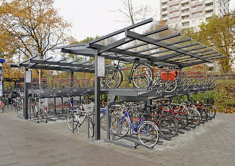 fahrradueberdachung-tucana-fuer-doppelstock-fahrradparksysteme__shoKAT0059023 Fahrradüberdachung TUCANA für Doppelstock-Fahrradparksysteme, Dachbreite x Dachtiefe 7600 mm x 4600 mm, Doppelstock-Fahrradparksystem FLEXHUB, Stahlkonstruktion in DB 703 eisenglimmer