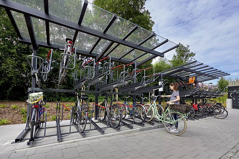 fahrradueberdachung-tucana-fuer-doppelstock-fahrradparksysteme__shoKAT0064601 Fahrradüberdachung TUCANA für Doppelstock-Fahrradparksysteme, 2 Anlagen, Dachbreite x Dachtiefe 4800 mm x 2300 mm, Doppelstock-Fahrradparksystem FLEXHUB, Stahlkonstruktion in DB 703 eisenglimmer