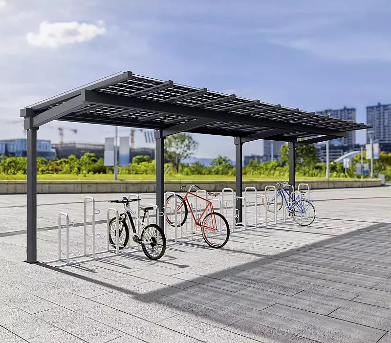Fahrradüberdachung TUCANA PV, Dachbreite x Dachtiefe 9300 mm x 2300 mm, Stahlkonstruktion in RAL 7016, Fahrradparker ZIROS