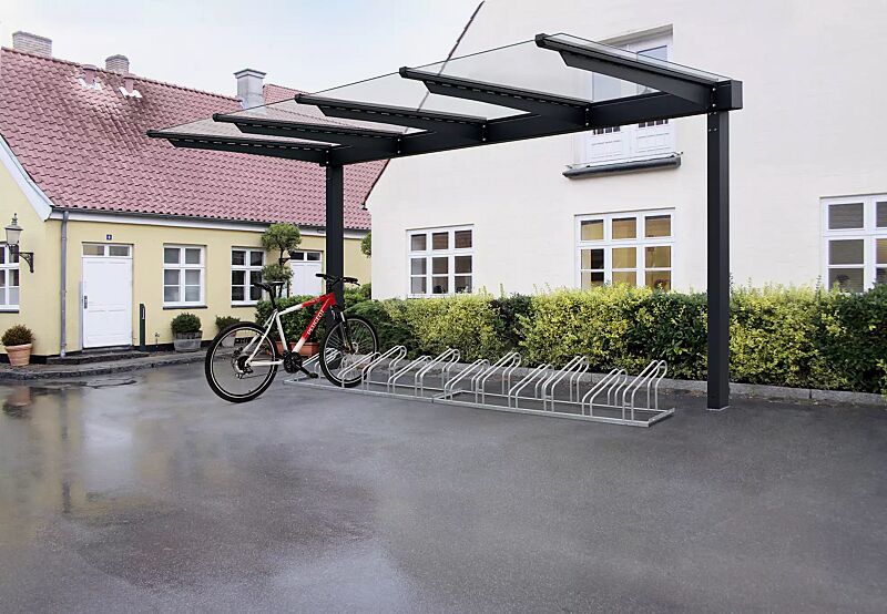 Fahrradüberdachung VIRGO mit Pultdach, Dachbreite x Dachtiefe 4720 mm x 2250 mm, Fahrradständer UNIVERSAL, Stahlkonstruktion in RAL 7016 anthrazitgrau