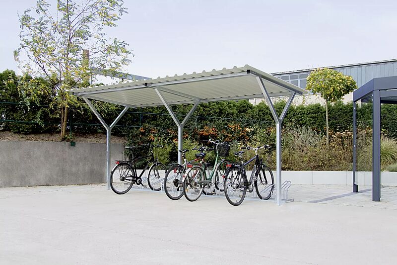 Fahrradüberdachung Z08, Dachbreite x Dachtiefe 4800 mm x 2400 mm, Fahrradständer UNIVERSAL, Stahlkonstruktion feuerverzinkt  Fahrradüberdachung Z08 Dachbreite x Dachtiefe 4800 mm x 2400 mm, Stahlkonstruktion feuerverzinkt, Dacheindeckung Trapezblech