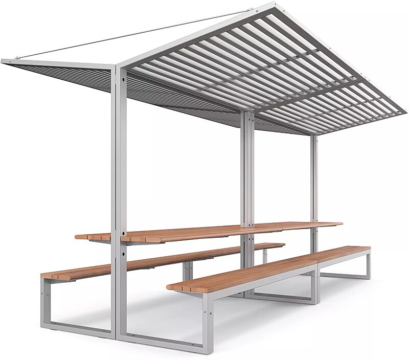 freizeitueberdachung-cison__shoKAT0059758 Freizeitüberdachung CISON, Lamellendach aus Stahl, 2 x Dachbreite 2100 mm x Dachtiefe 2491 mm, mit integriertem Tisch und Sitzbank, Stahlkonstruktion in RAL 9006 weißaluminium