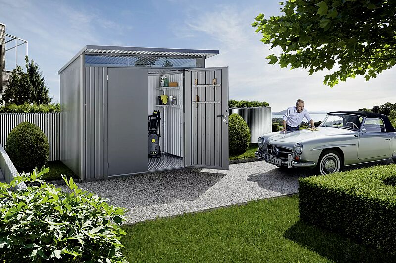 Gerätehaus AVANTGARDE®, Modell 5, in quarzgrau-metallic, mit Doppelflügeltür, Aluminium-Bodenrahmen und -Bodenplatte