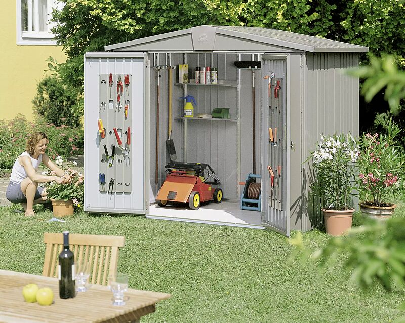 Gerätehaus EUROPA, Modell 3, in quarzgrau-metallic, mit Alu-Bodenrahmen, Alu-Bodenplatten, Regalböden-Set und Gerätehalter (Zubehör)