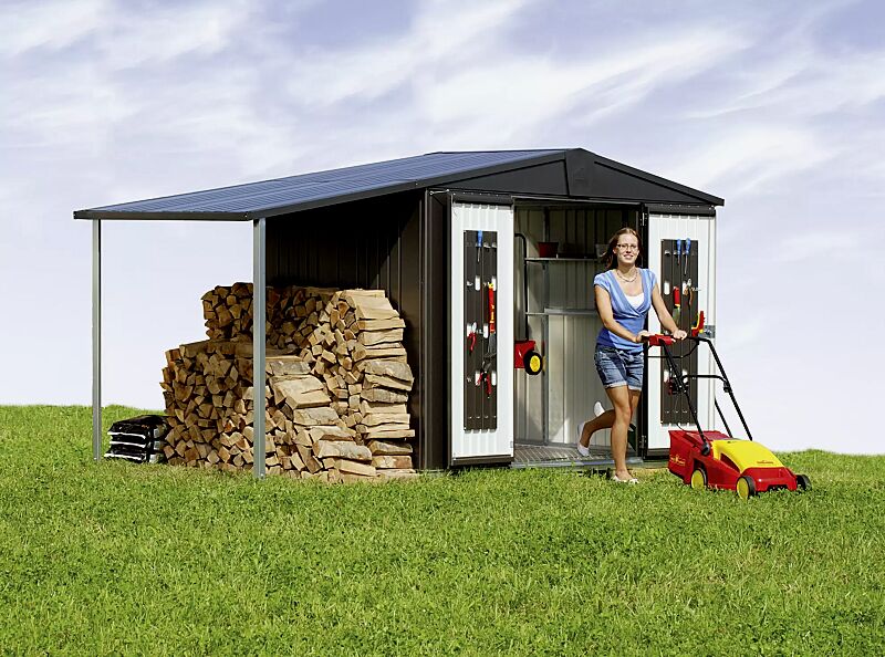 Gerätehaus EUROPA, Modell 3, in dunkelgrau-metallic, mit Alu-Bodenrahmen, Alu-Bodenplatte, Regalböden-Set und Gerätehalter, Seitendach (Zubehör)