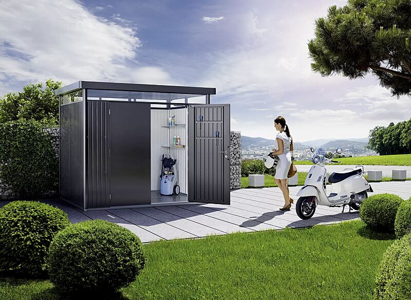 geraetehaus-highline__shoKAT0038463 Gerätehaus HighLine®, Modell 4 in dunkelgrau-metallic, mit Seitendach (Mehrpreis) sowie Alu Bodenrahmen, Alu-Bodenplatte und Doppelflügeltür
