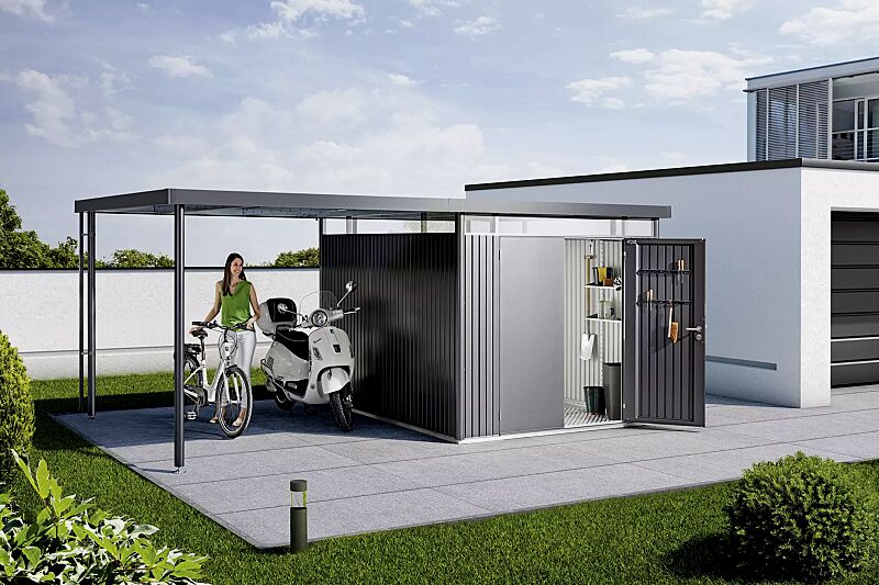 geraetehaus-highline__shoKAT0058349 Gerätehaus HighLine®, Modell 5 mit Seitendach Größe L (Mehrpreis) in dunkelgrau-metallic, mit Aluminium-Bodenrahmen und -Bodenplatte, Regalboden-Set und Doppelflügeltür