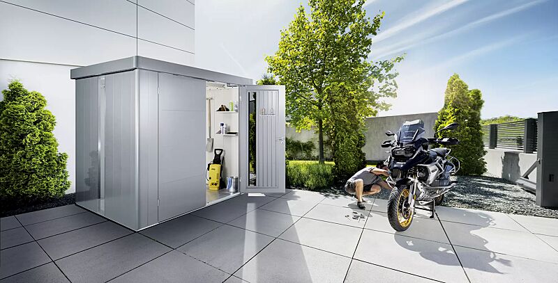 geraetehaus-neo__shoKAT0068070 Gerätehaus NEO®, Modell 6 in silber-metallic, mit Doppelflügeltür, Lichtpanel, Regalböden, Aluminium-Bodenrahmen und -Bodenplatte