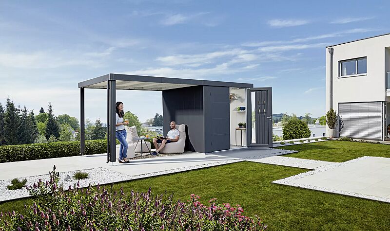 geraetehaus-neo__shoKAT0068109 Gerätehaus NEO, Modell 2B in quarzgrau-metallic, mit Doppelflügeltür, Seitendach, Regalböden, Aluminium-Bodenrahmen und -Bodenplatte