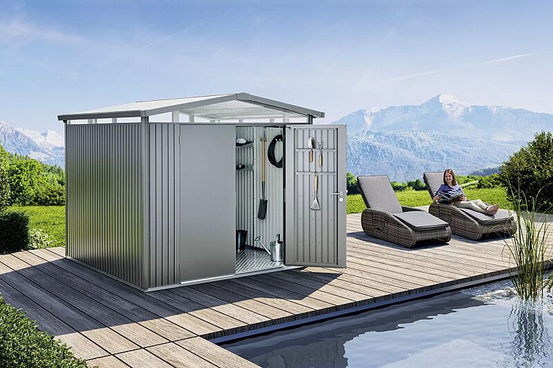 geraetehaus-panorama__shoKAT0057001 Gerätehaus PANORAMA®, Modell 4 in quarzgrau-metallic, mit Doppelflügeltür