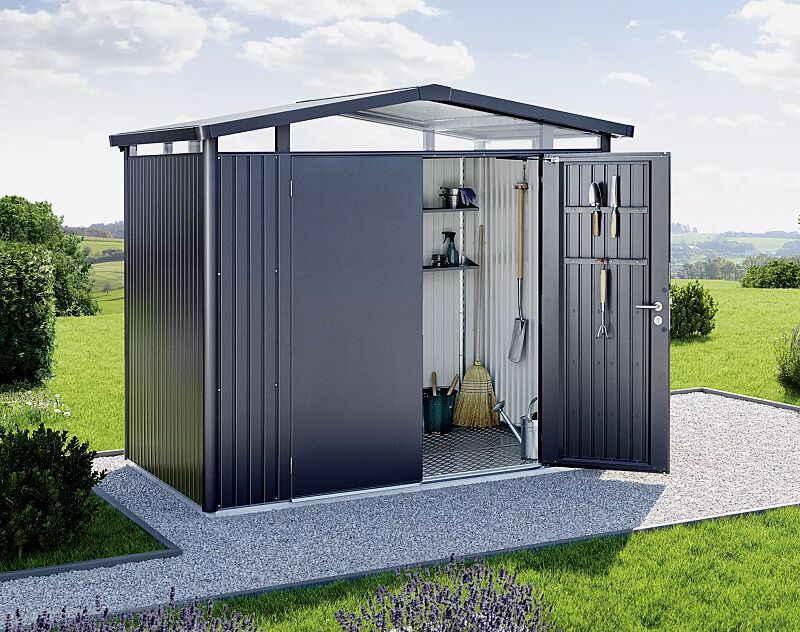 geraetehaus-panorama__shoKAT0063216 Gerätehaus PANORAMA®, Modell 2 in dunkelgrau-metallic, mit Doppelflügeltür, mit Aluminium-Bodenrahmen und -Bodenplatte