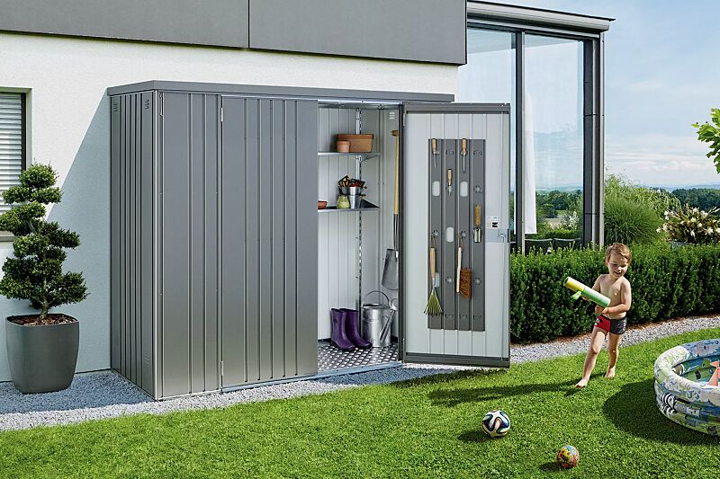 Geräteschrank NEUFELDEN, Modell 230, in quarzgrau-metallic, mit Aluminium-Bodenrahmen und -Bodenplatte