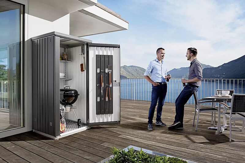 Geräteschrank NEUFELDEN, Modell 90, in dunkelgrau-metallic, mit Aluminium-Bodenrahmen und -Bodenplatte